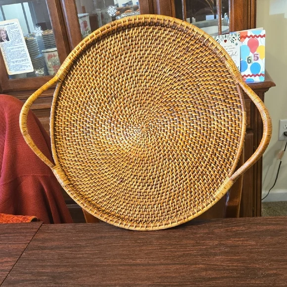 Round Woven Serving Tray with Handles - Picture 2 of 5